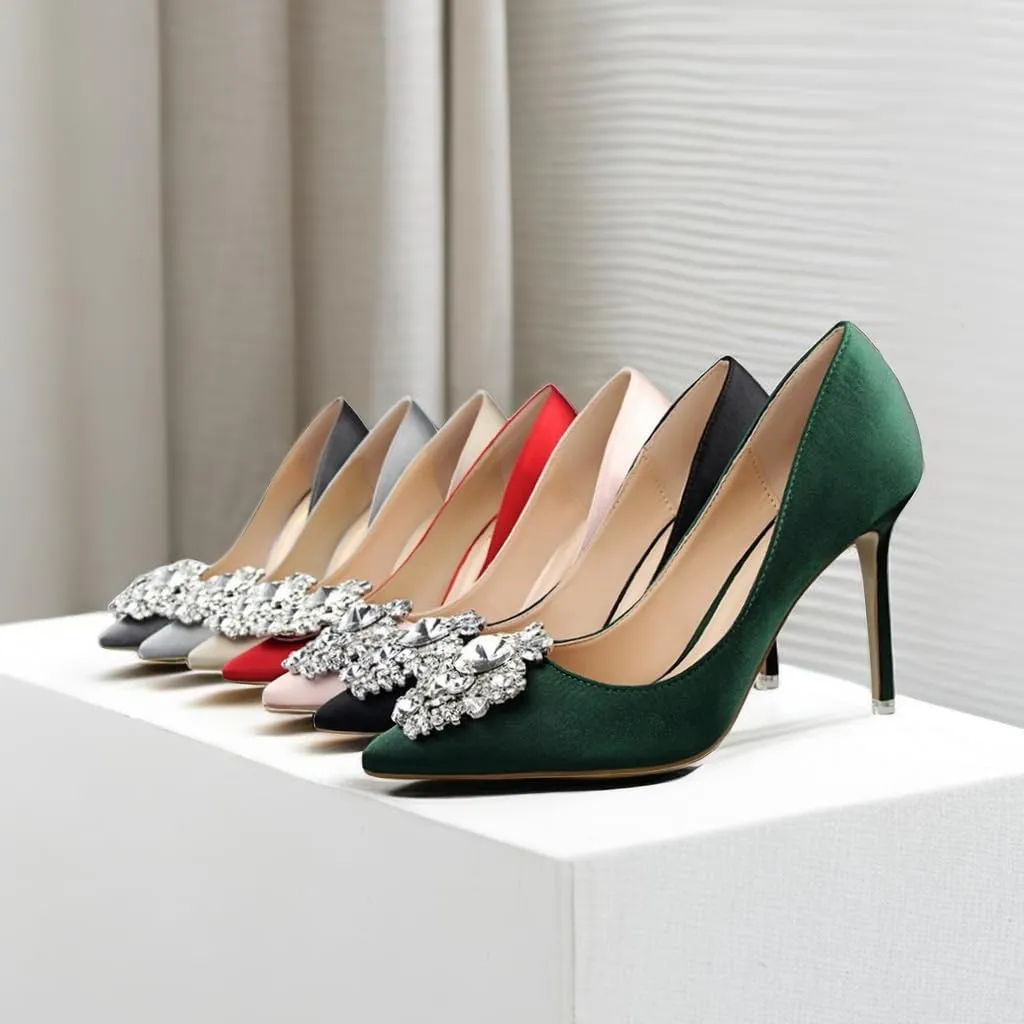 JOEupin Womens Rhinestone Satin Pumps Evening Party High Heel Pumps Wedding Bridal Stilettos Shoes