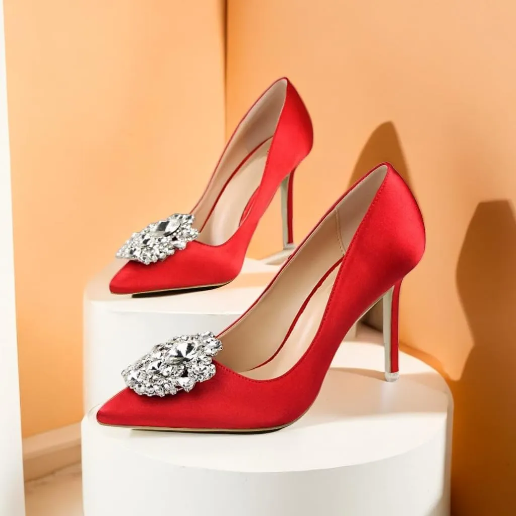 JOEupin Womens Rhinestone Satin Pumps Evening Party High Heel Pumps Wedding Bridal Stilettos Shoes