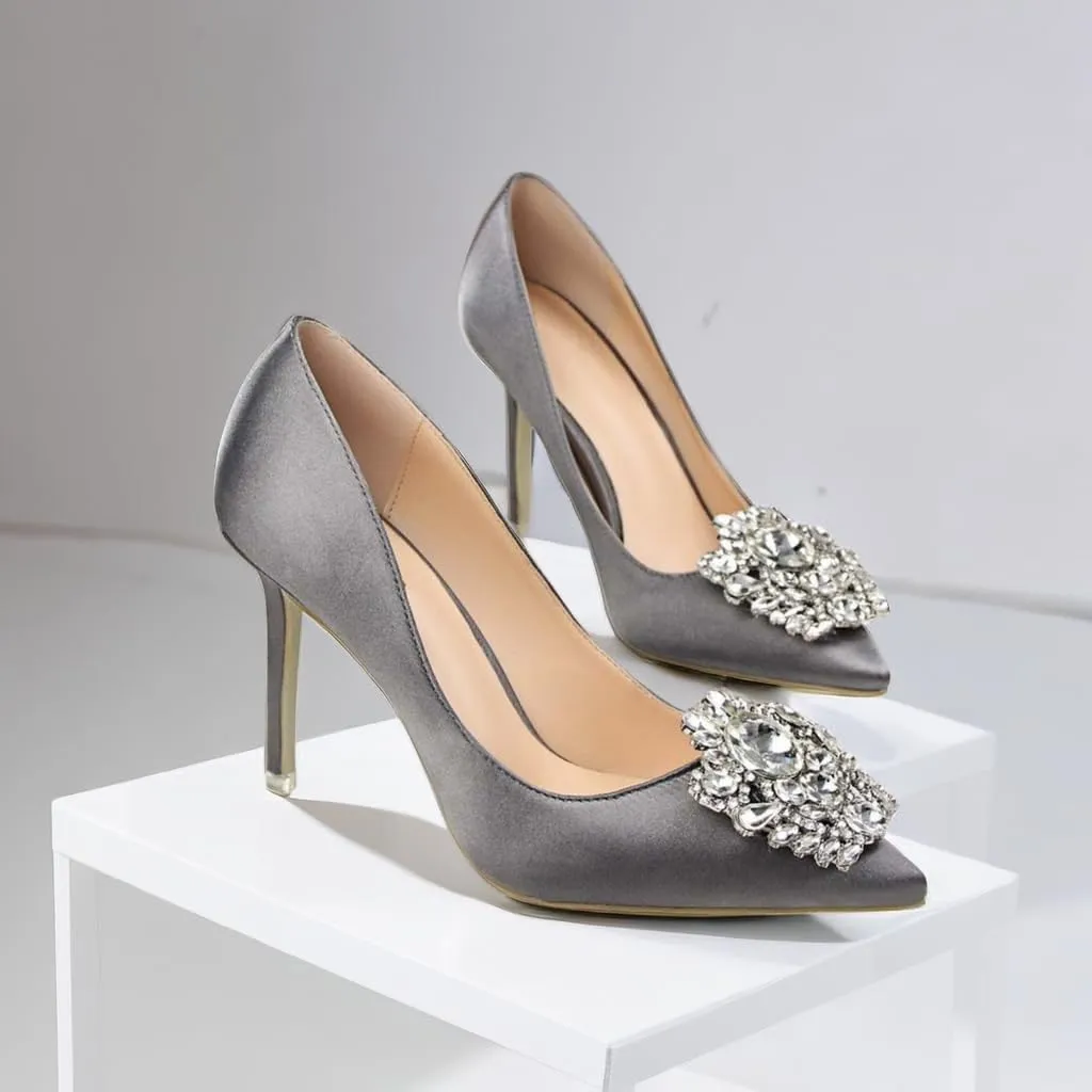 JOEupin Womens Rhinestone Satin Pumps Evening Party High Heel Pumps Wedding Bridal Stilettos Shoes