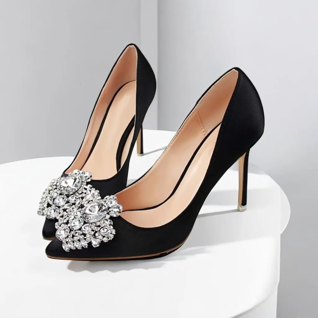 JOEupin Womens Rhinestone Satin Pumps Evening Party High Heel Pumps Wedding Bridal Stilettos Shoes