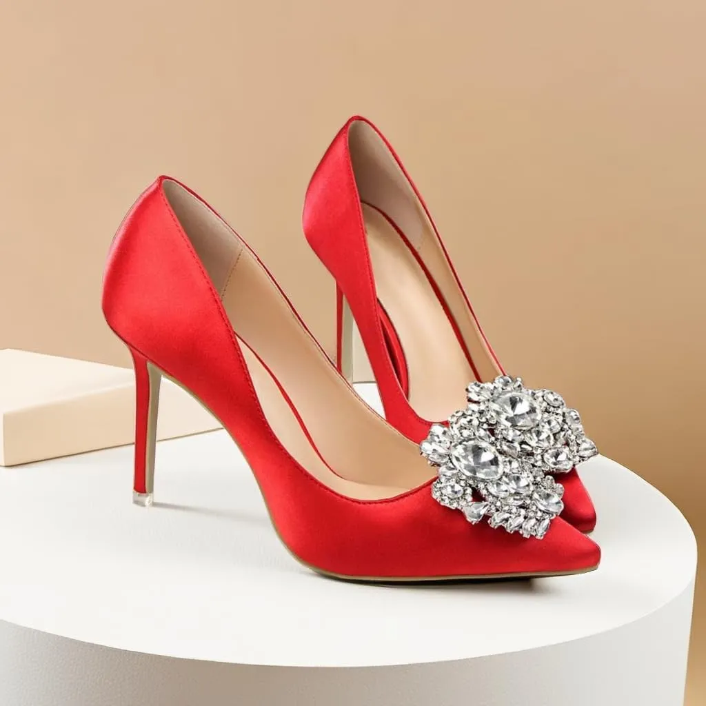 JOEupin Womens Rhinestone Satin Pumps Evening Party High Heel Pumps Wedding Bridal Stilettos Shoes