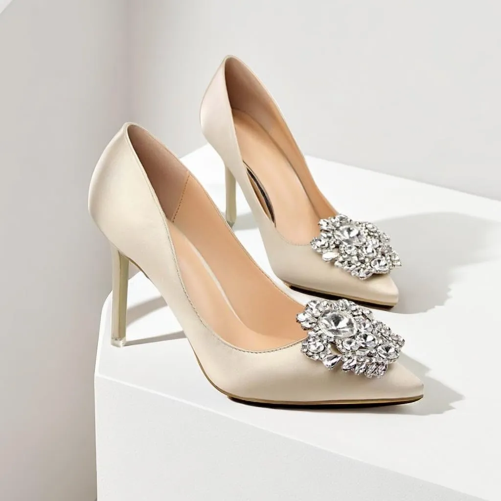 JOEupin Womens Rhinestone Satin Pumps Evening Party High Heel Pumps Wedding Bridal Stilettos Shoes