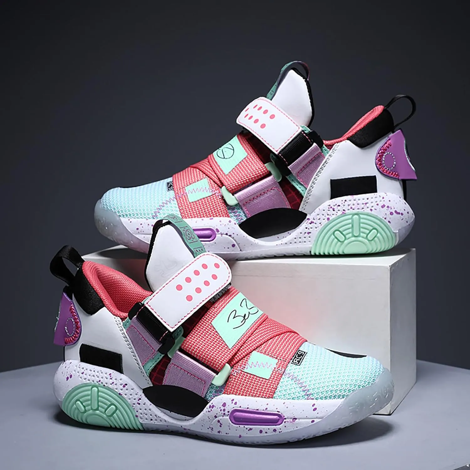 Kids Basketball Shoes Boys Girls Sneakers Durable Sports Shoes Hook-Loop Breathable Outdoor School Trainers for Little Kids Big Kids Youth