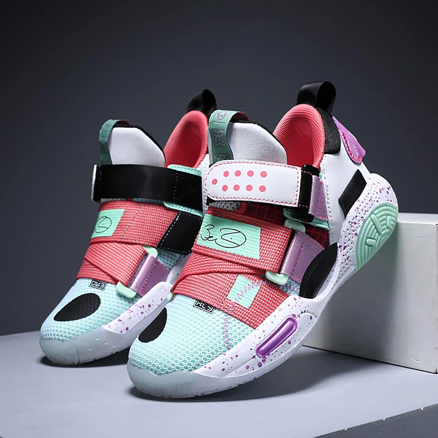 Kids Basketball Shoes Boys Girls Sneakers Durable Sports Shoes Hook-Loop Breathable Outdoor School Trainers for Little Kids Big Kids Youth
