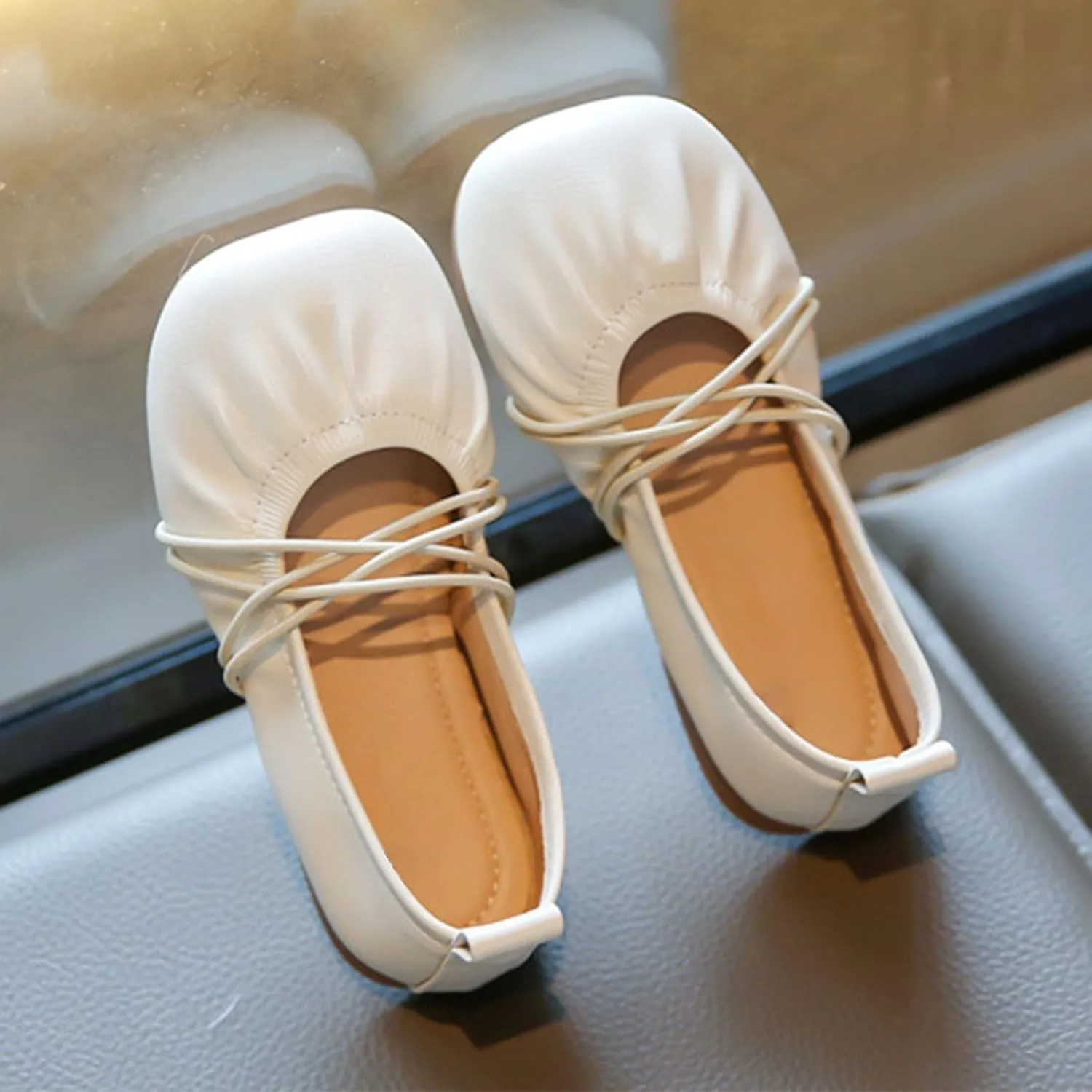 Kids Girls Straps Ballet Flat Square Toe Soft Sole Lace-up Ballerina Slip On Solid Casual Mary Jane Prom Shoes