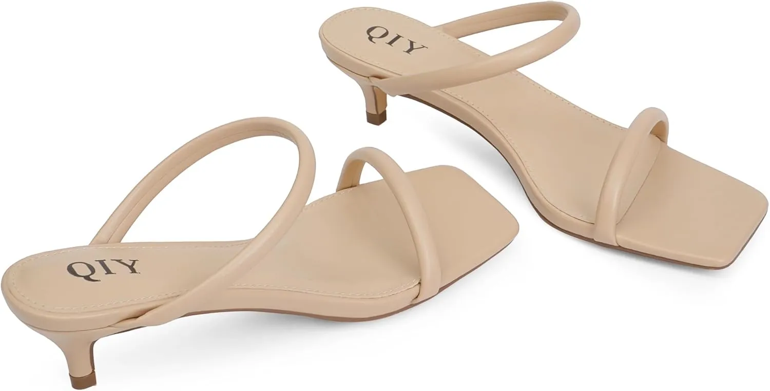 Kitten Heels Women Two Strap Heels Open Square Toe Heeled Sandals Low Heels for Women Slip on Slide Sandals