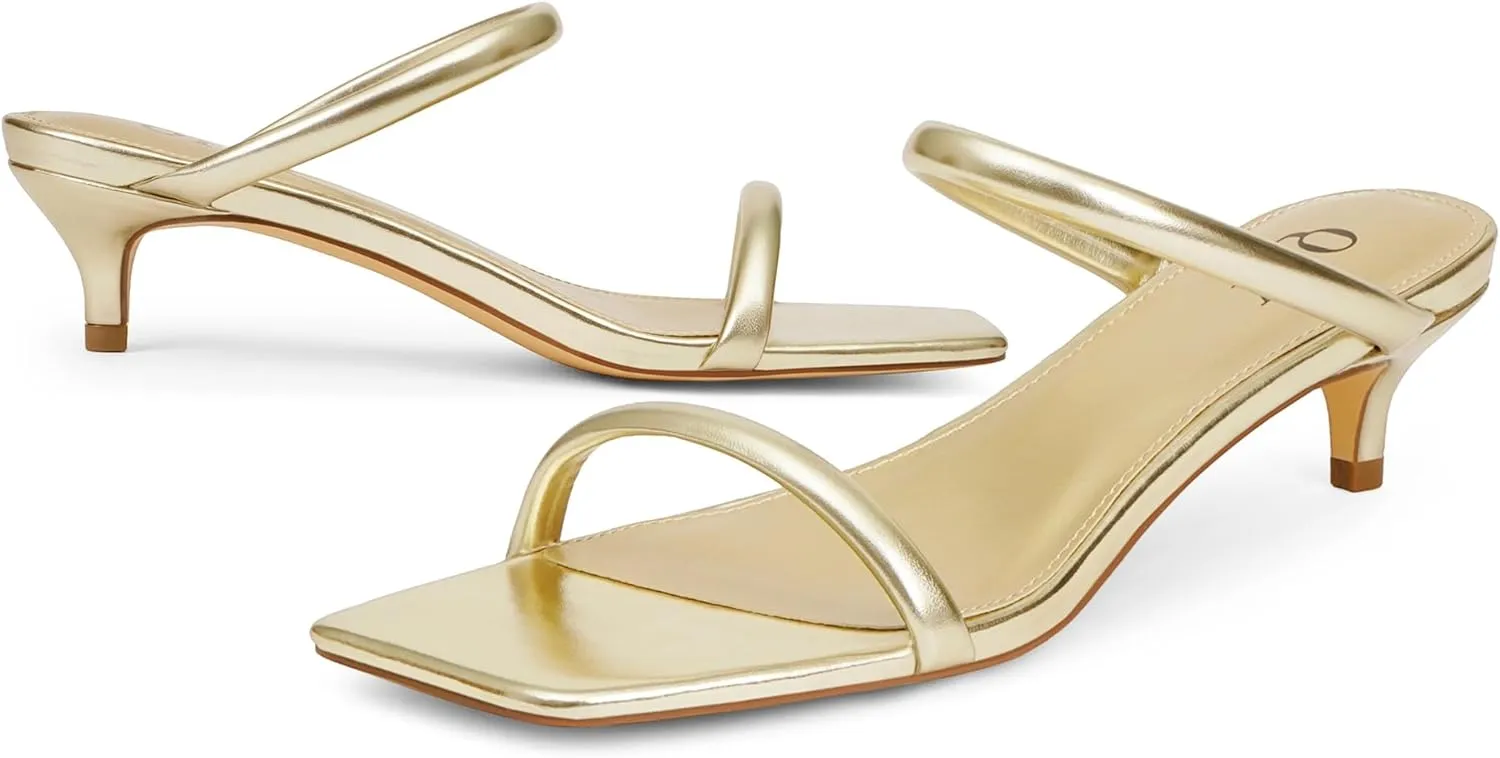Kitten Heels Women Two Strap Heels Open Square Toe Heeled Sandals Low Heels for Women Slip on Slide Sandals
