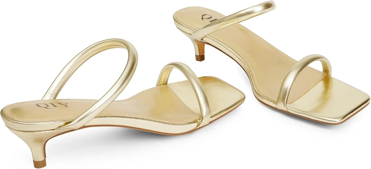 Kitten Heels Women Two Strap Heels Open Square Toe Heeled Sandals Low Heels for Women Slip on Slide Sandals