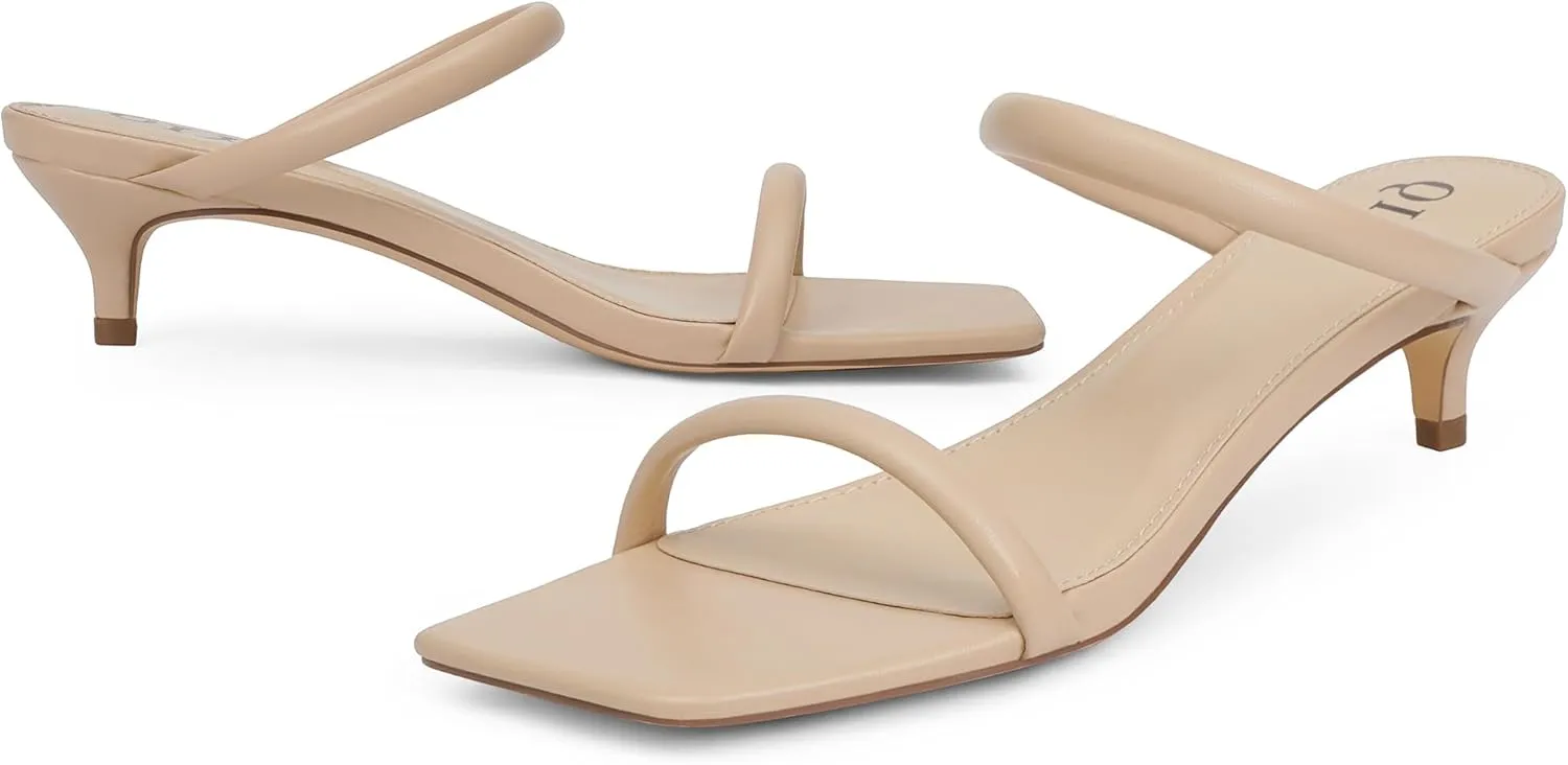 Kitten Heels Women Two Strap Heels Open Square Toe Heeled Sandals Low Heels for Women Slip on Slide Sandals