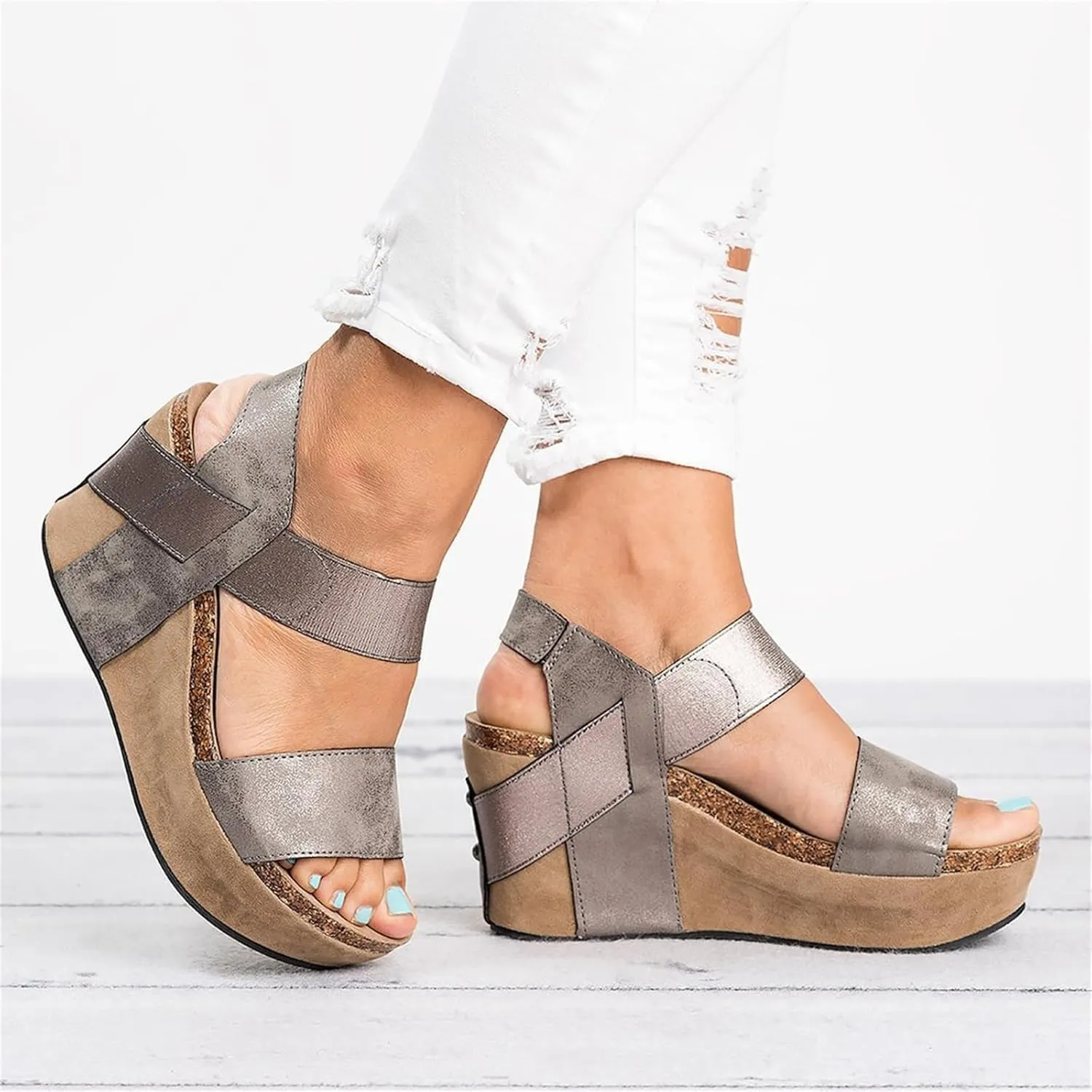 Lausiuoe Wedge Sandals For Women,Women's Ankle Strap Wedge Sandals Casual Dressy Summer Beach Open Toe Platform Sandals