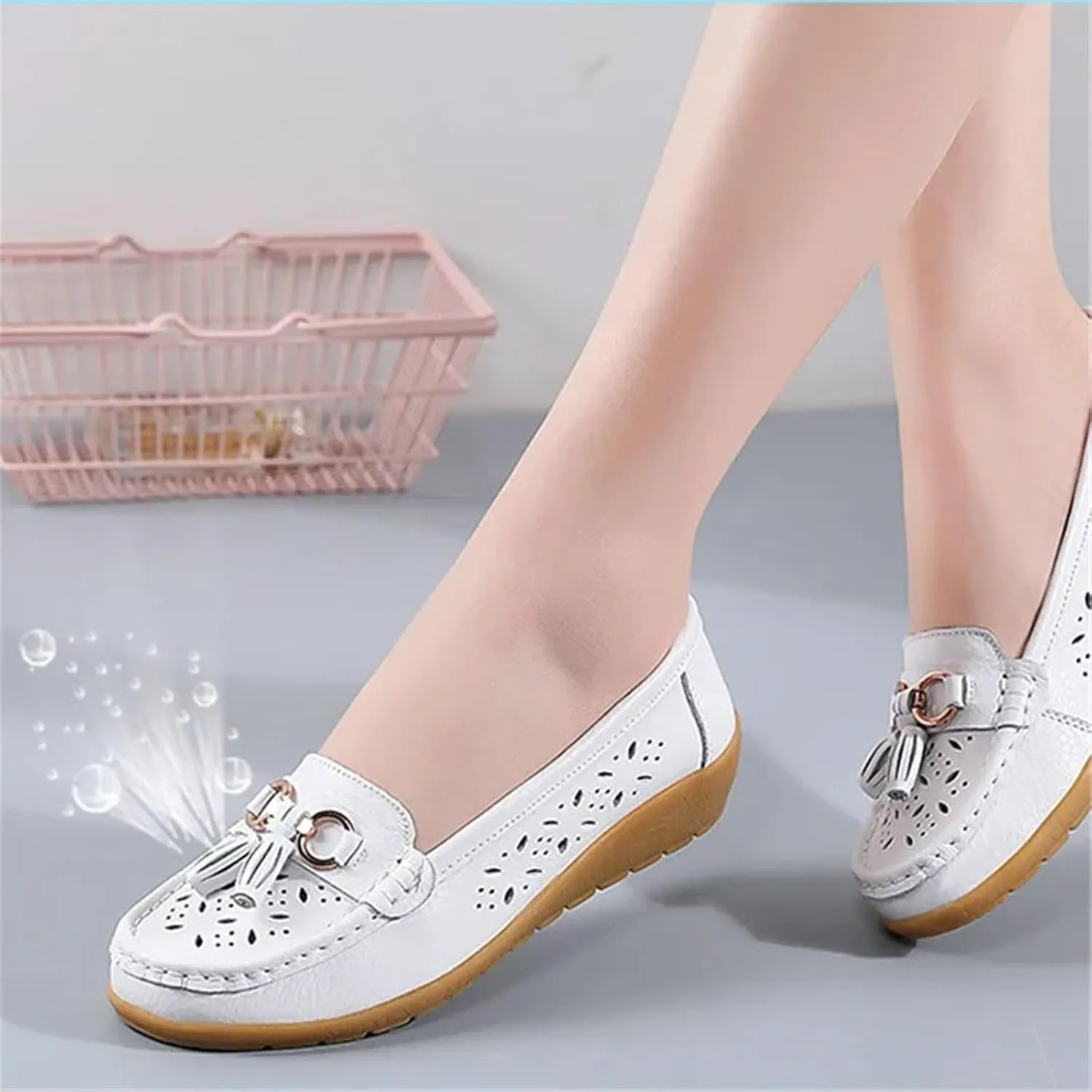 Leather Moccasins Womens, Women Comfort Summer Hollow Breathable Leather Slip-On Nurse Shoes, Slip Resistant Flat Shoes Loafers, Ideal for Nurse Healthcare Crews