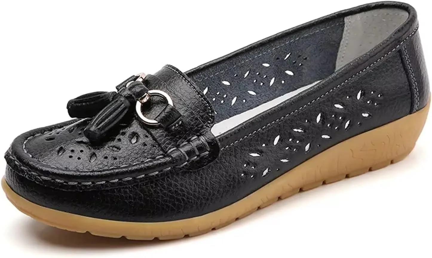 Leather Moccasins Womens, Women Comfort Summer Hollow Breathable Leather Slip-On Nurse Shoes, Slip Resistant Flat Shoes Loafers, Ideal for Nurse Healthcare Crews