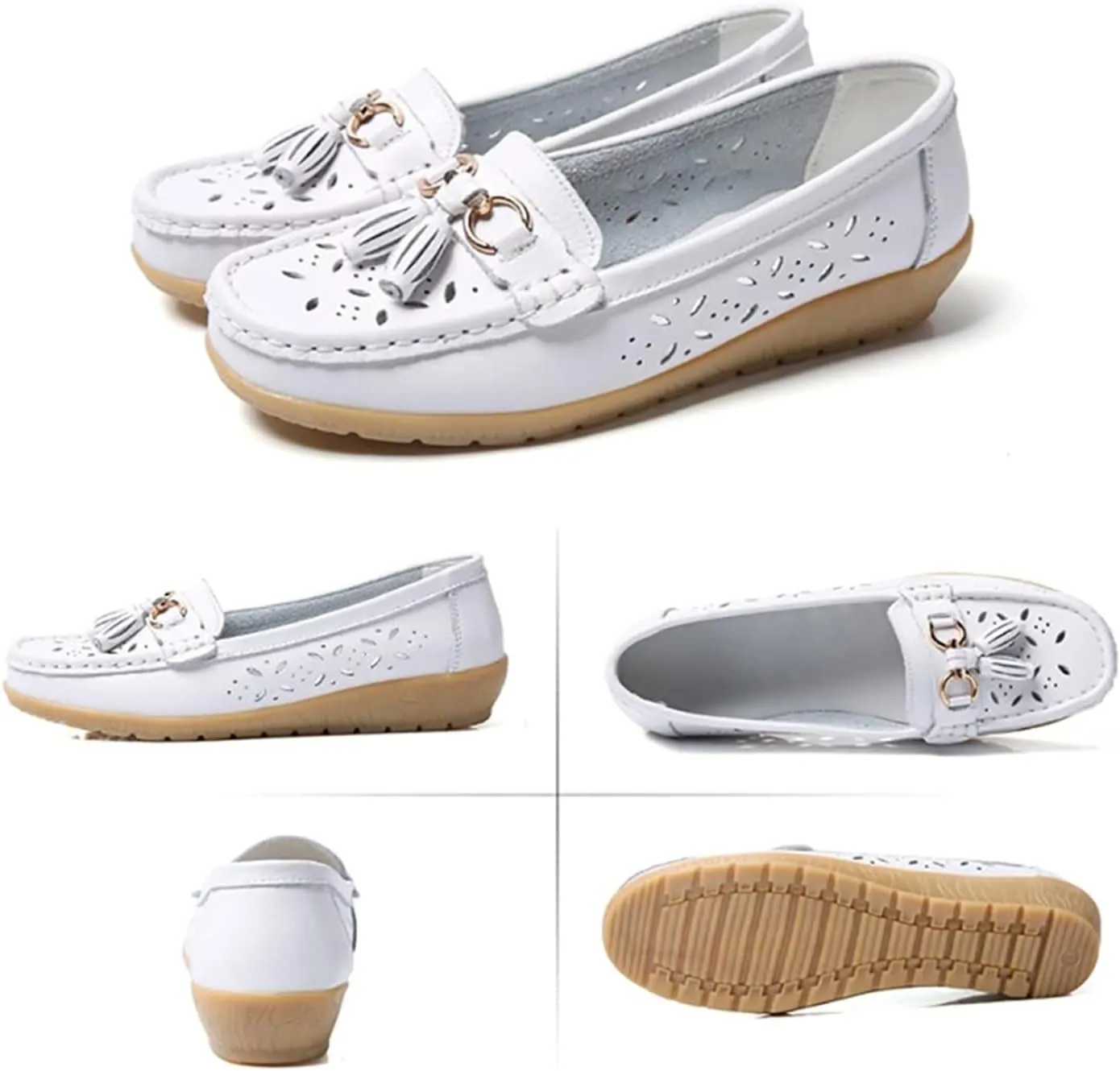 Leather Moccasins Womens, Women Comfort Summer Hollow Breathable Leather Slip-On Nurse Shoes, Slip Resistant Flat Shoes Loafers, Ideal for Nurse Healthcare Crews
