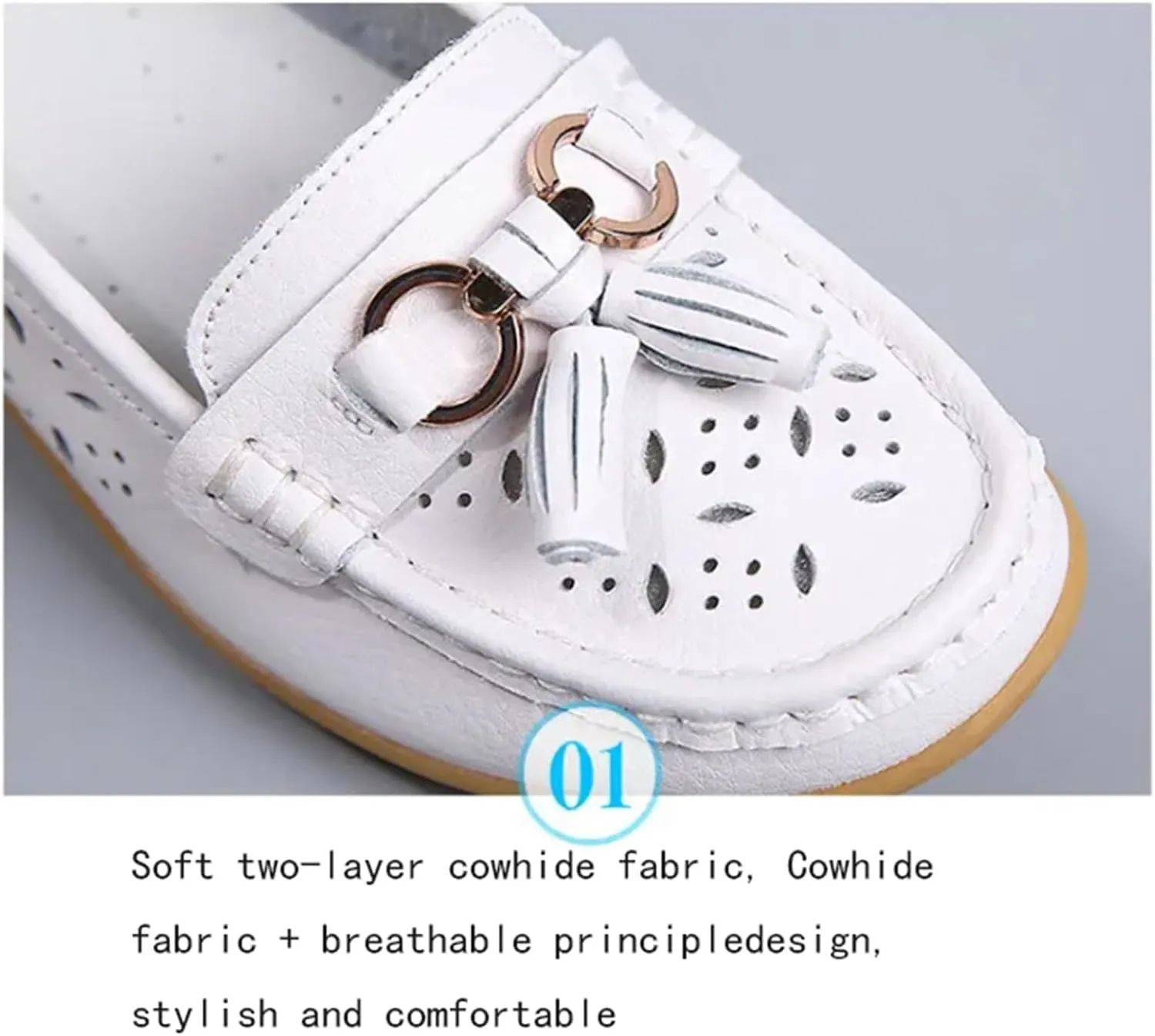 Leather Moccasins Womens, Women Comfort Summer Hollow Breathable Leather Slip-On Nurse Shoes, Slip Resistant Flat Shoes Loafers, Ideal for Nurse Healthcare Crews