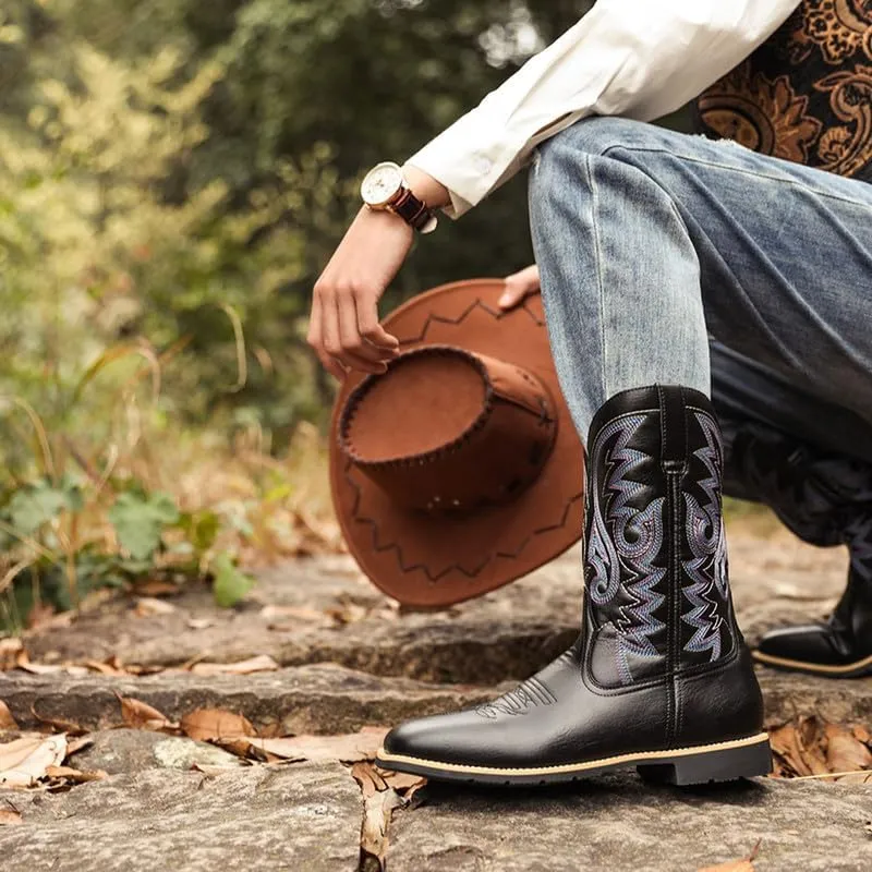 LISHAN Men's Western Cowboy Boots Embroidered Flats Mid Calf Boots