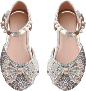 Little Kid Girls Mary Jane Ballerina Shoes hinestones Bowknot Flower Girl Wedding Pary Pearl Strap Dress Shoes
