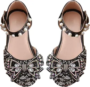 Little Kid Girls Mary Jane Ballerina Shoes 𝗥hinestones Bowknot Flower Girl Wedding Par𝘁y Pearl Strap Dress Shoes