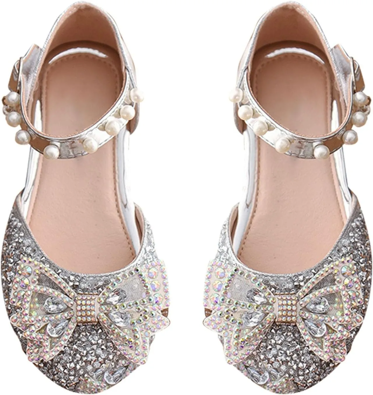Little Kid Girls Mary Jane Ballerina Shoes hinestones Bowknot Flower Girl Wedding Pary Pearl Strap Dress Shoes