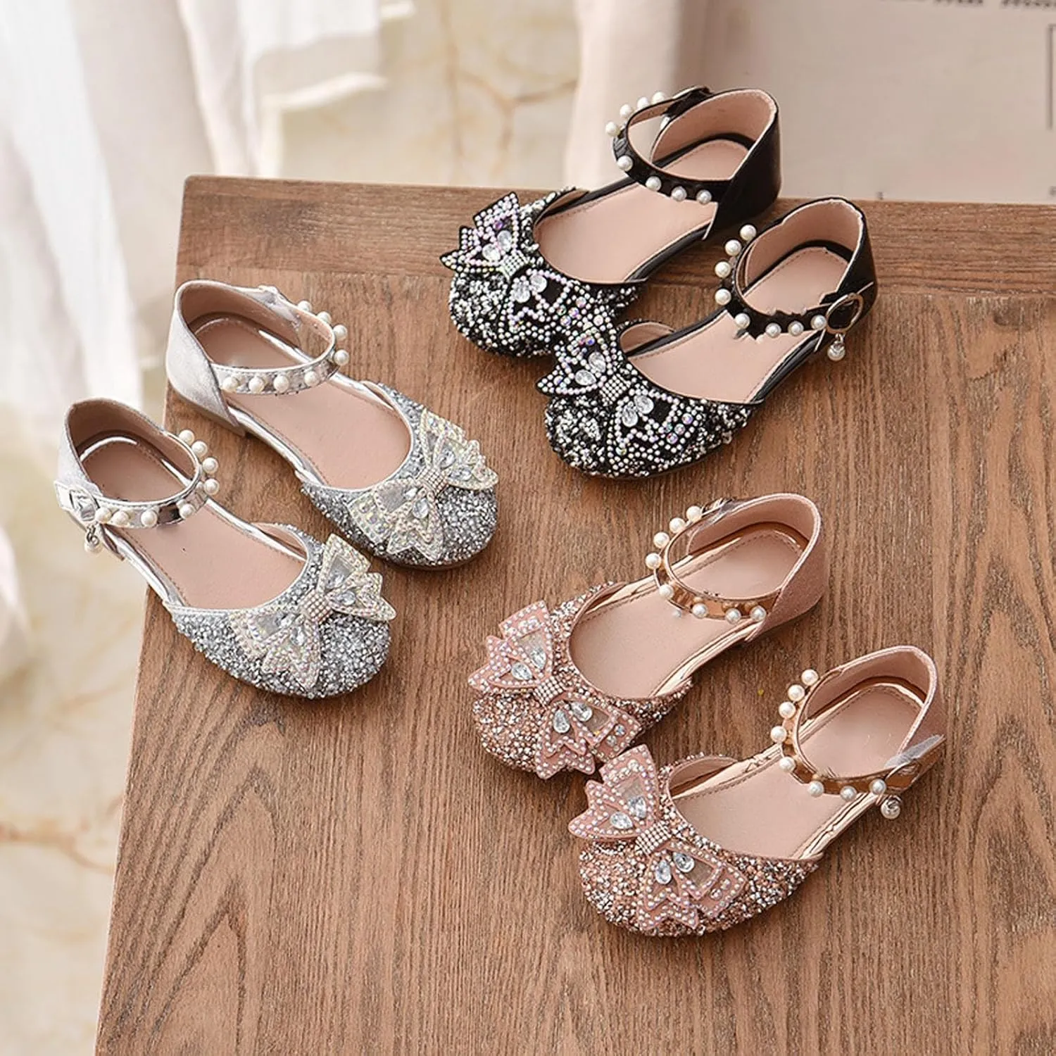 Little Kid Girls Mary Jane Ballerina Shoes 𝗥hinestones Bowknot Flower Girl Wedding Par𝘁y Pearl Strap Dress Shoes