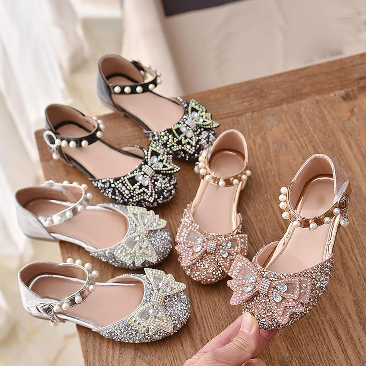 Little Kid Girls Mary Jane Ballerina Shoes 𝗥hinestones Bowknot Flower Girl Wedding Par𝘁y Pearl Strap Dress Shoes