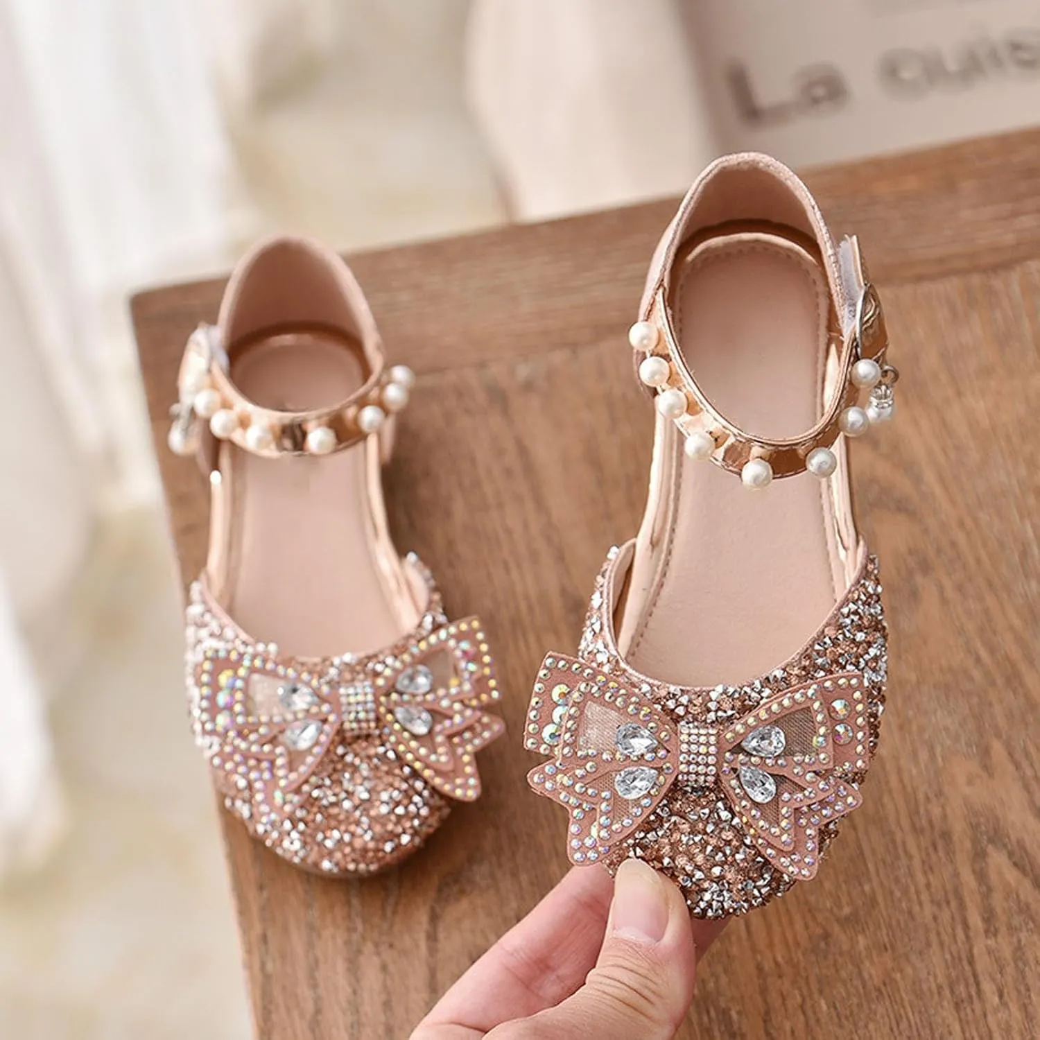 Little Kid Girls Mary Jane Ballerina Shoes 𝗥hinestones Bowknot Flower Girl Wedding Par𝘁y Pearl Strap Dress Shoes