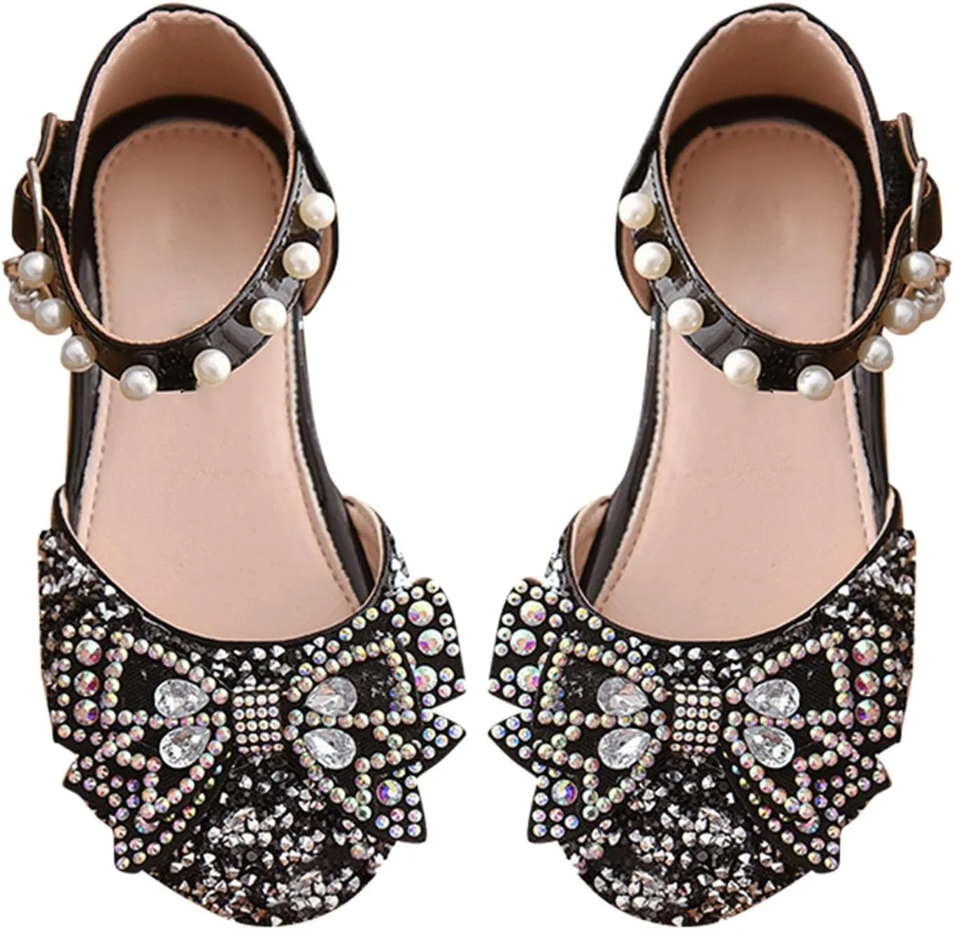 Little Kid Girls Mary Jane Ballerina Shoes 𝗥hinestones Bowknot Flower Girl Wedding Par𝘁y Pearl Strap Dress Shoes