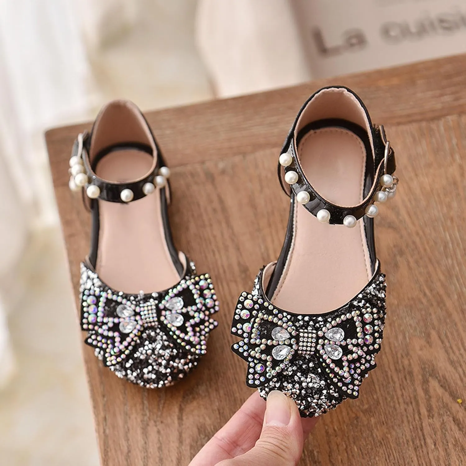 Little Kid Girls Mary Jane Ballerina Shoes 𝗥hinestones Bowknot Flower Girl Wedding Par𝘁y Pearl Strap Dress Shoes