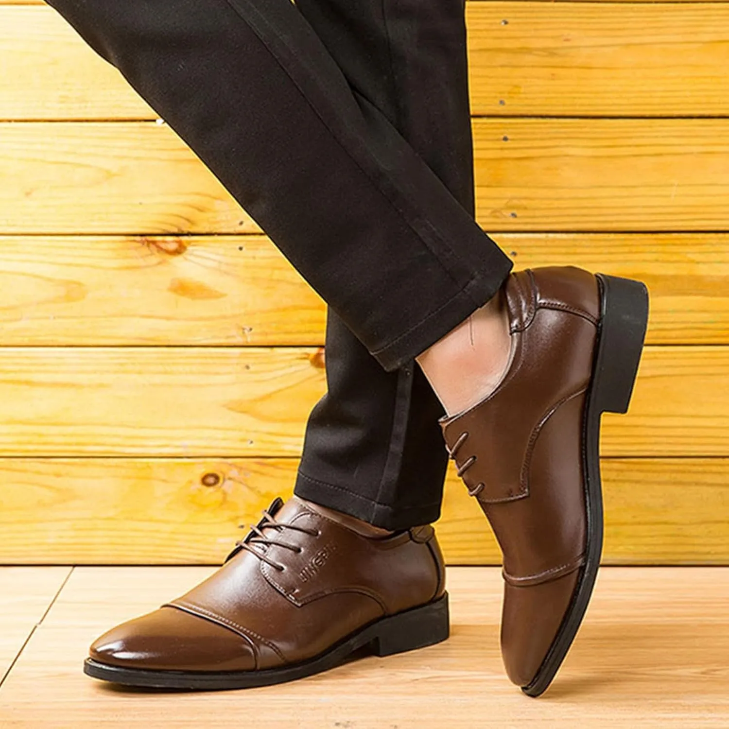 Men's Dress Shoes Black Size 11 Fashion Summer and Autumn Men Leather Shoes Low Heel Pointed Toe Lace Up Solid Color Simple British Style Mens Business Casual Shoes