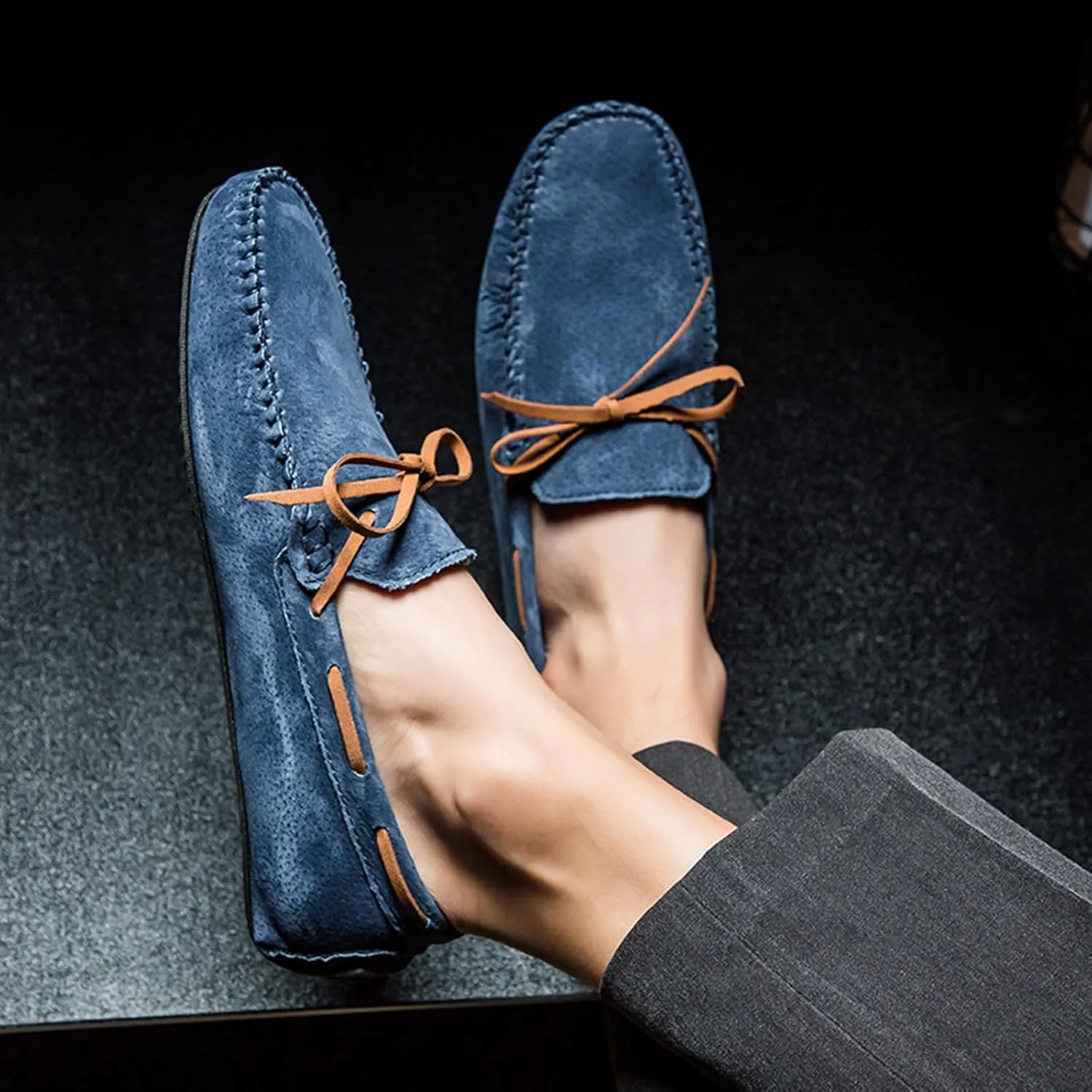 Men's Genuine Leather Moccasins Penny Loafers Casual Lace Up Slip On Gommino Flat Driving Shoes Comfort Dress Boat Shoes
