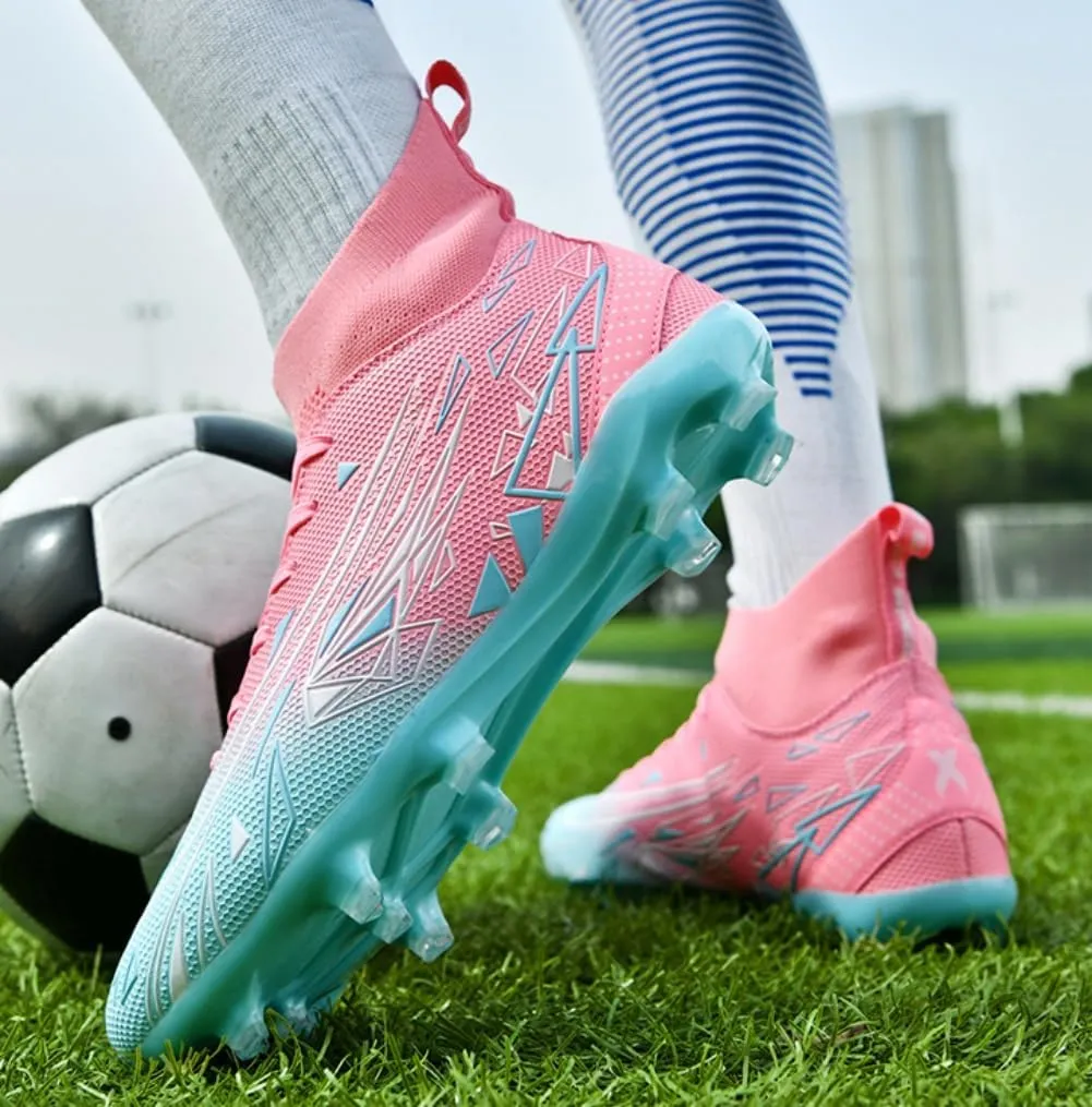 Men's High Top Soccer Students Grass Training Shoes Wide Training Sneaker Soccer Cleats for Mens Womens Blue/White/Pink