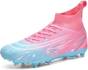 Men's High Top Soccer Students Grass Training Shoes Wide Training Sneaker Soccer Cleats for Mens Womens Blue/White/Pink