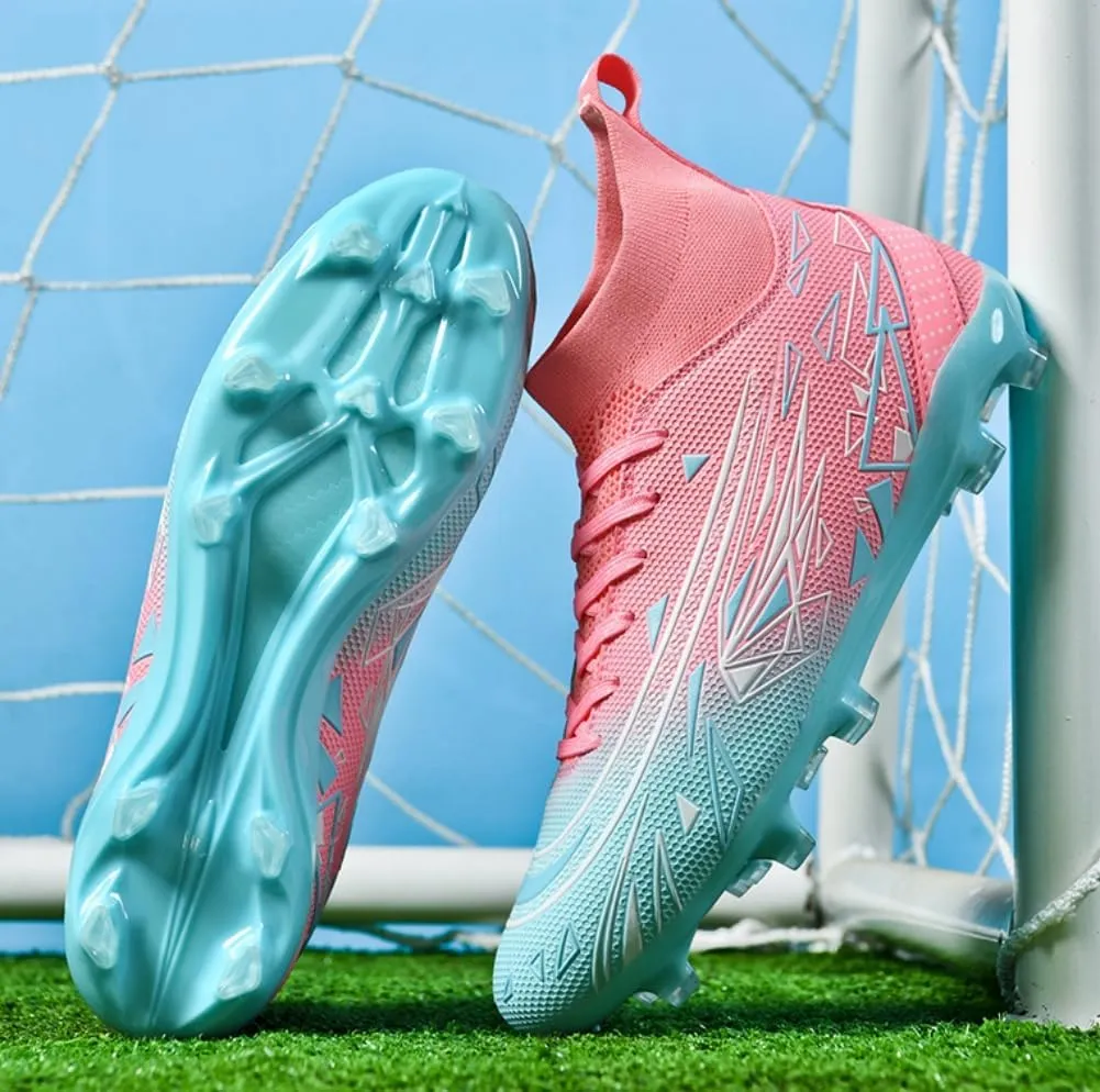Men's High Top Soccer Students Grass Training Shoes Wide Training Sneaker Soccer Cleats for Mens Womens Blue/White/Pink