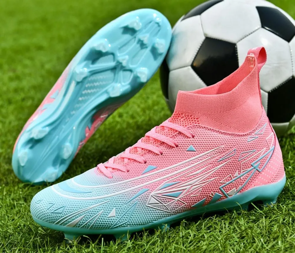 Men's High Top Soccer Students Grass Training Shoes Wide Training Sneaker Soccer Cleats for Mens Womens Blue/White/Pink