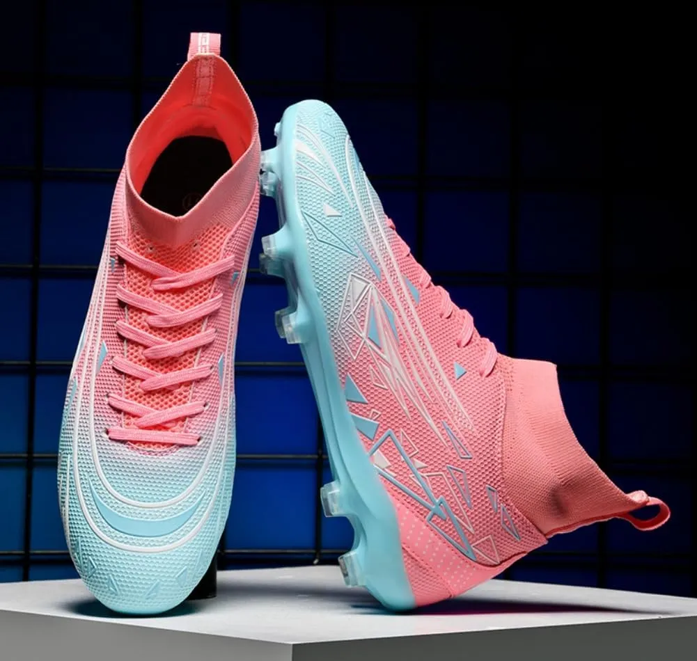 Men's High Top Soccer Students Grass Training Shoes Wide Training Sneaker Soccer Cleats for Mens Womens Blue/White/Pink