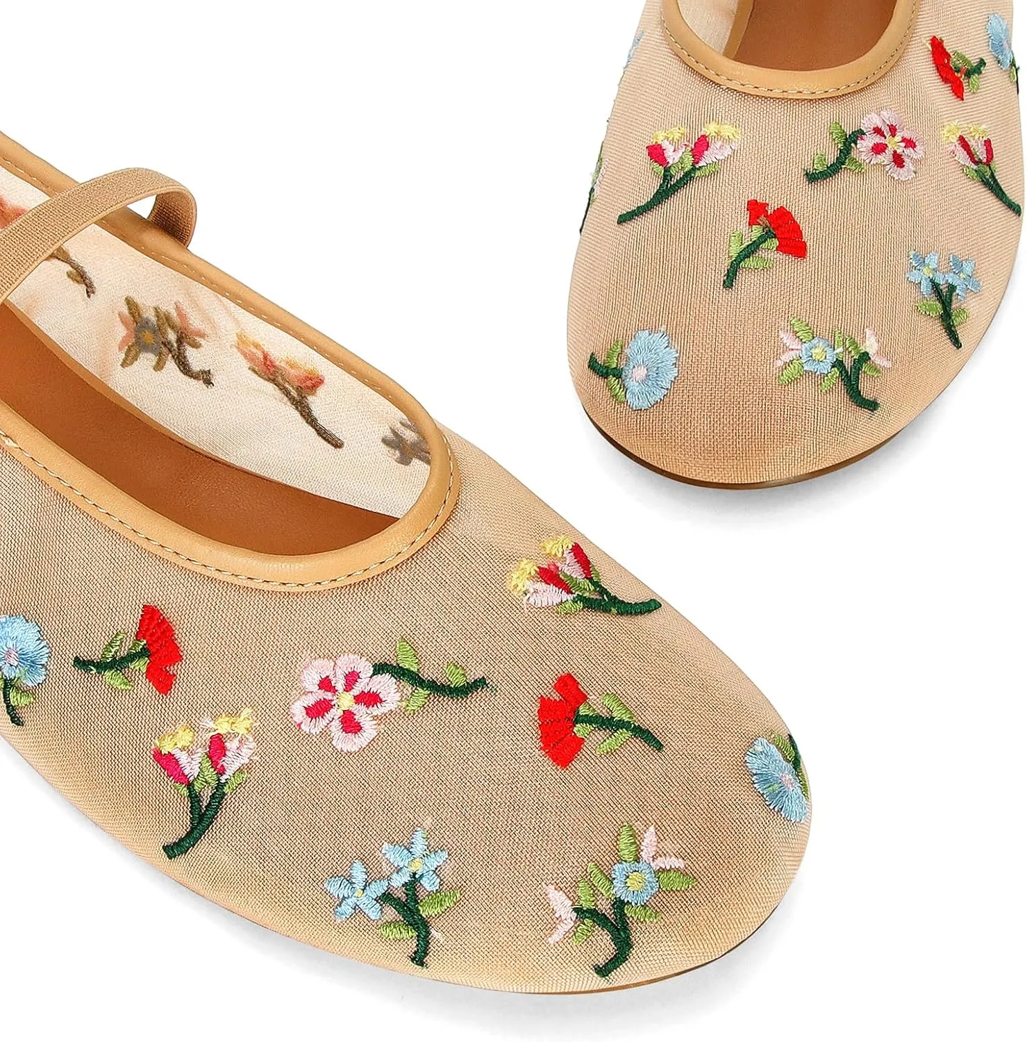 Mesh Ballet Flats for Women Embroidered Floral Mary Jane Flats Comfortable Casual Daily Dress Ballerina Shoes