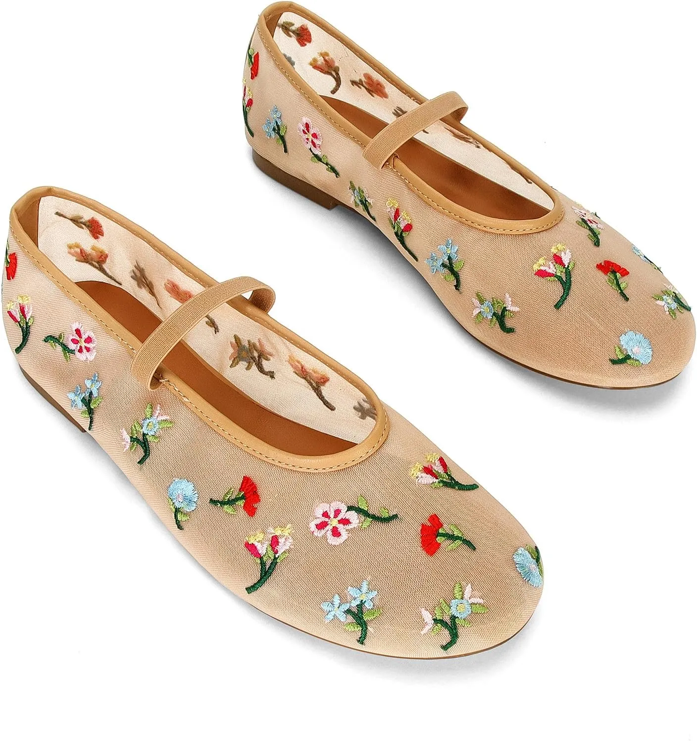 Mesh Ballet Flats for Women Embroidered Floral Mary Jane Flats Comfortable Casual Daily Dress Ballerina Shoes