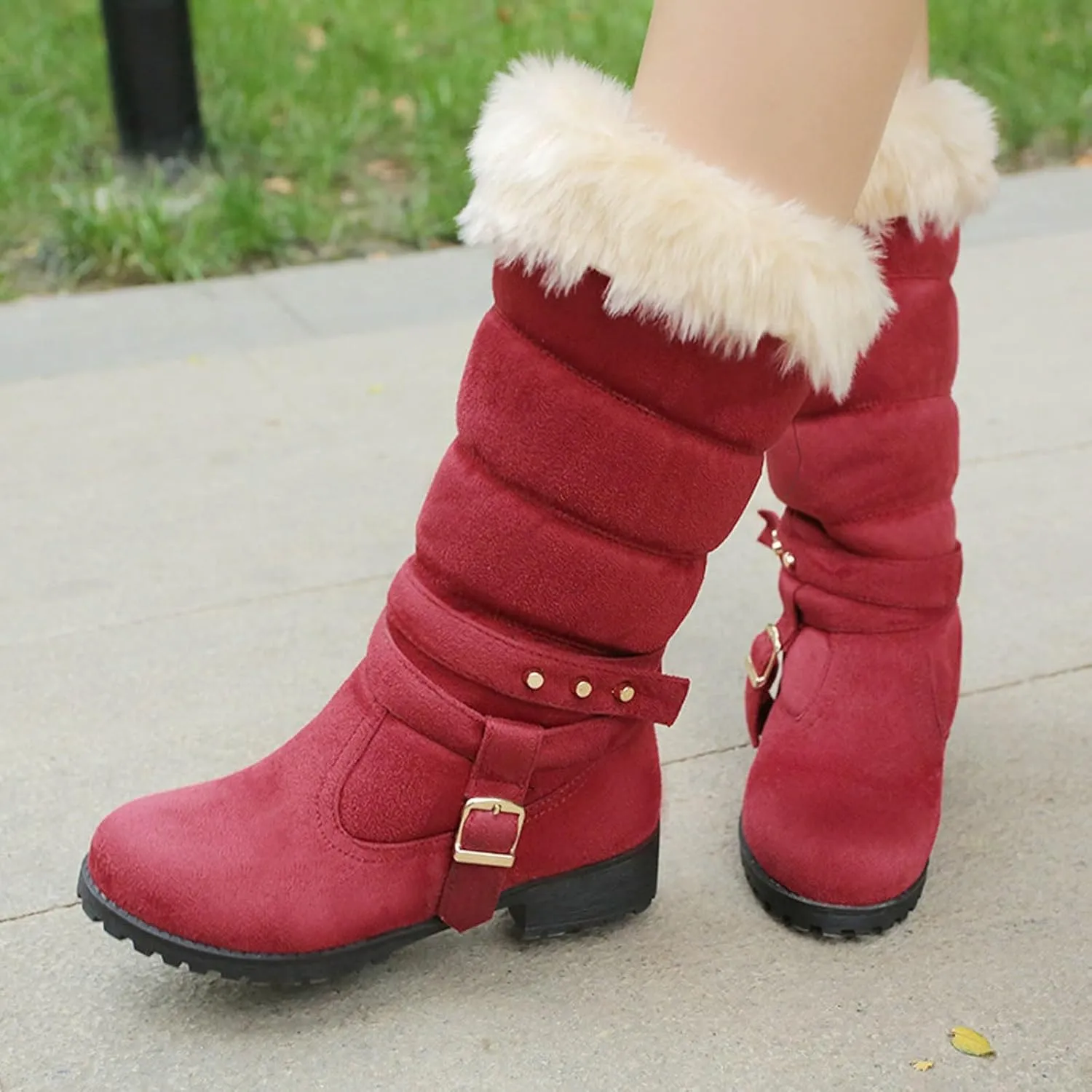 Mid Calf Warm Slip-On Thick Fur Collar Warm Waterproof Leather Non-Slip Snow Boots for Women Winter Hidden Wedge Boots