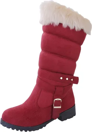 Mid Calf Warm Slip-On Thick Fur Collar Warm Waterproof Leather Non-Slip Snow Boots for Women Winter Hidden Wedge Boots