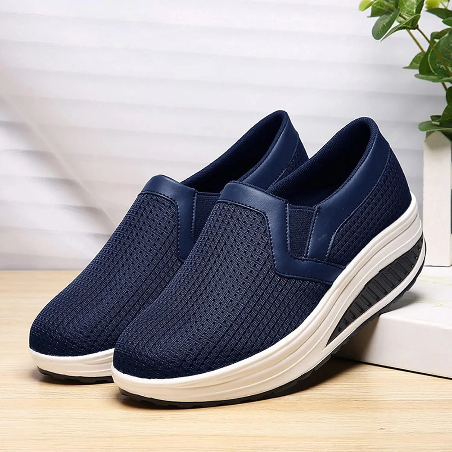 oiangi Women Wedge Shoes Breathable Mesh Sneakers Slip On Comfort Walking Shoes Fashion Casual Solid Color Round Toe Non-Slip Platform Sports Shoes