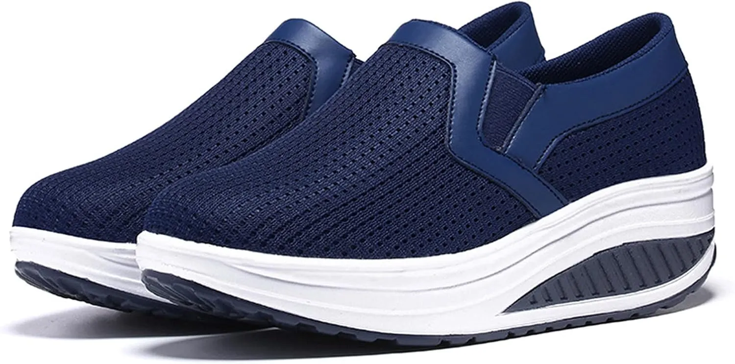 oiangi Women Wedge Shoes Breathable Mesh Sneakers Slip On Comfort Walking Shoes Fashion Casual Solid Color Round Toe Non-Slip Platform Sports Shoes
