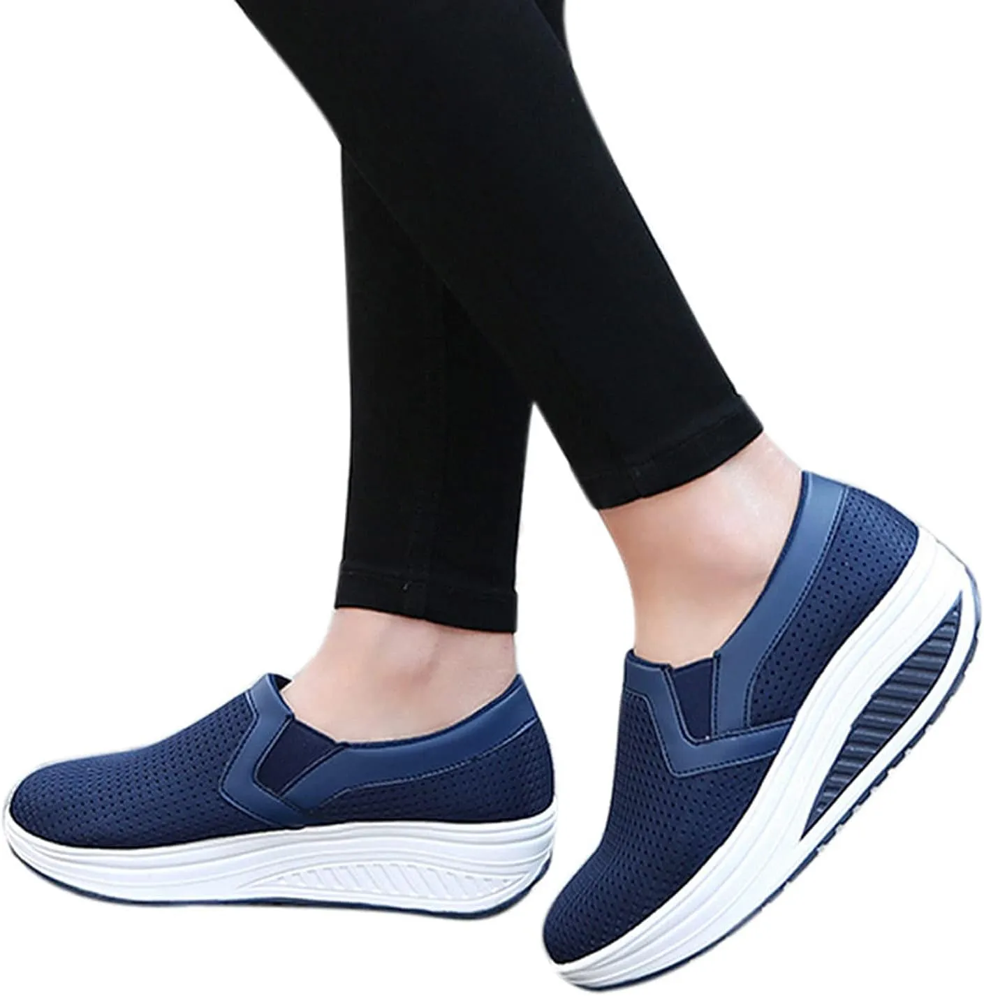 oiangi Women Wedge Shoes Breathable Mesh Sneakers Slip On Comfort Walking Shoes Fashion Casual Solid Color Round Toe Non-Slip Platform Sports Shoes