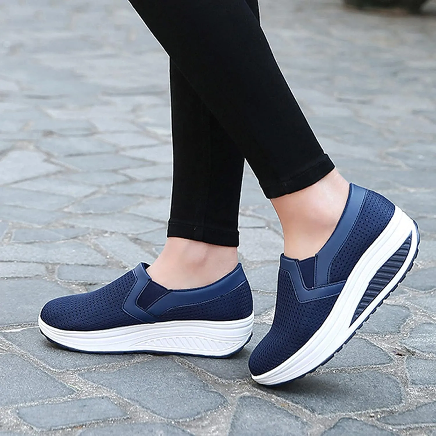 oiangi Women Wedge Shoes Breathable Mesh Sneakers Slip On Comfort Walking Shoes Fashion Casual Solid Color Round Toe Non-Slip Platform Sports Shoes