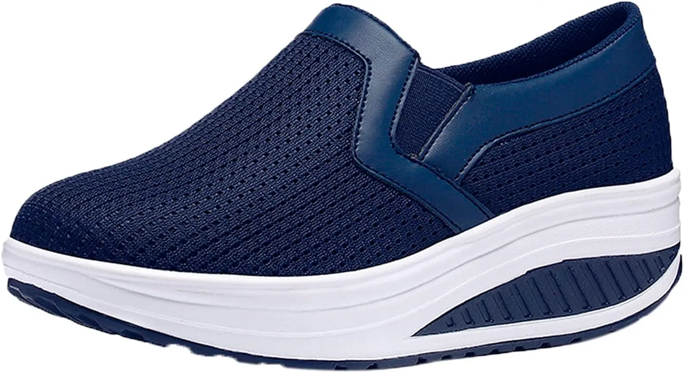 oiangi Women Wedge Shoes Breathable Mesh Sneakers Slip On Comfort Walking Shoes Fashion Casual Solid Color Round Toe Non-Slip Platform Sports Shoes
