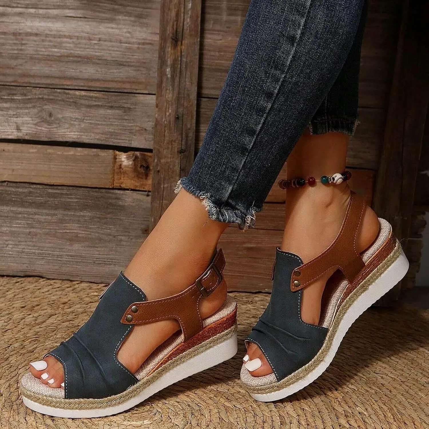 Orthopedic Sandals for Women,Women Walking Slippers with Arch Support Wedge Sandals Summer Dressy Open Toe Ankle Strap Platform Beach Casual Slip on Sandals Beach Dress Comfortable Shoes