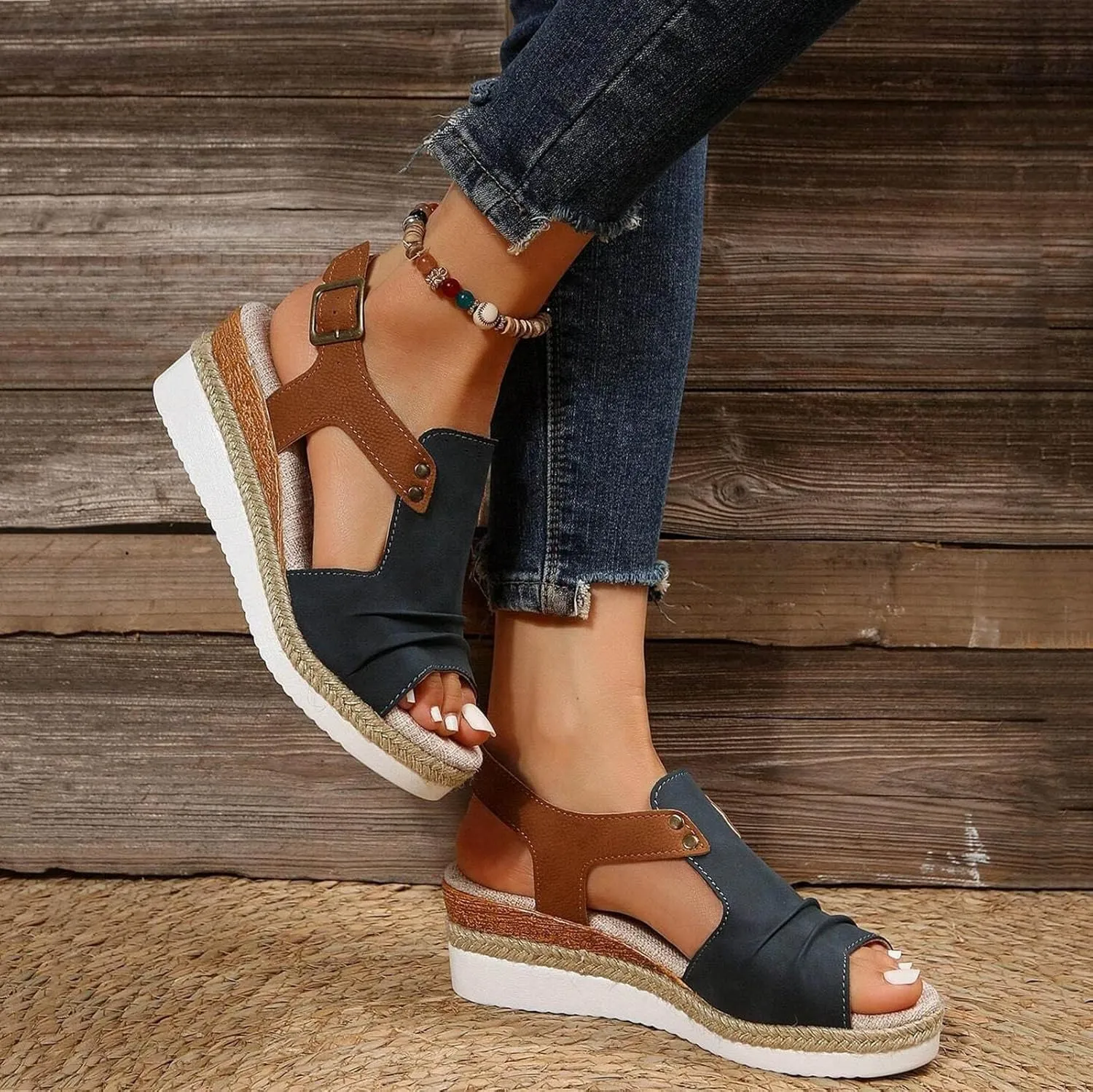 Orthopedic Sandals for Women,Women Walking Slippers with Arch Support Wedge Sandals Summer Dressy Open Toe Ankle Strap Platform Beach Casual Slip on Sandals Beach Dress Comfortable Shoes