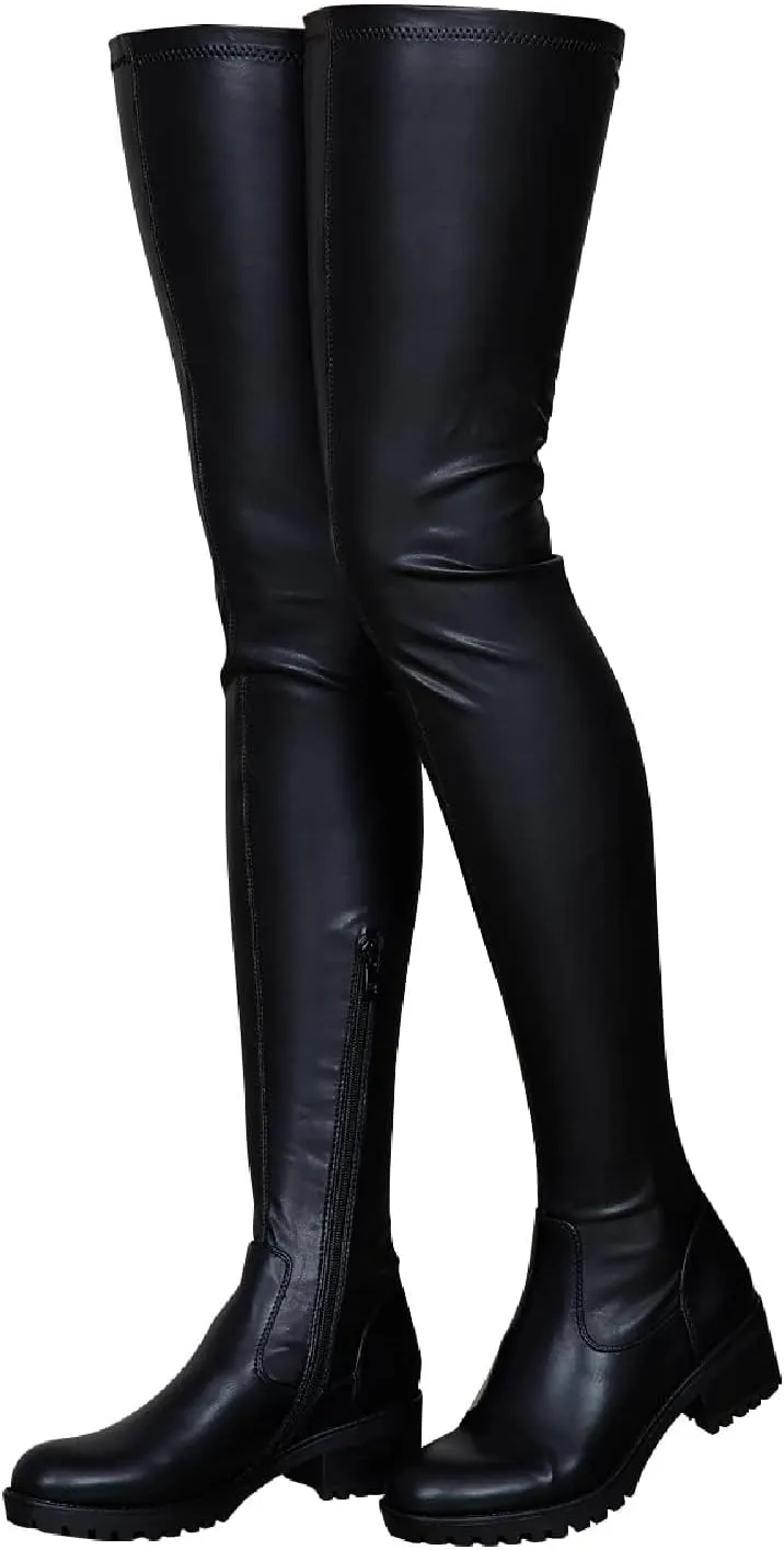 Over the Knee High Boots for Women Side Zipper Round Toe Low Chunky Heel Faux Leather Surgical Stretch Riding Thigh High Boots