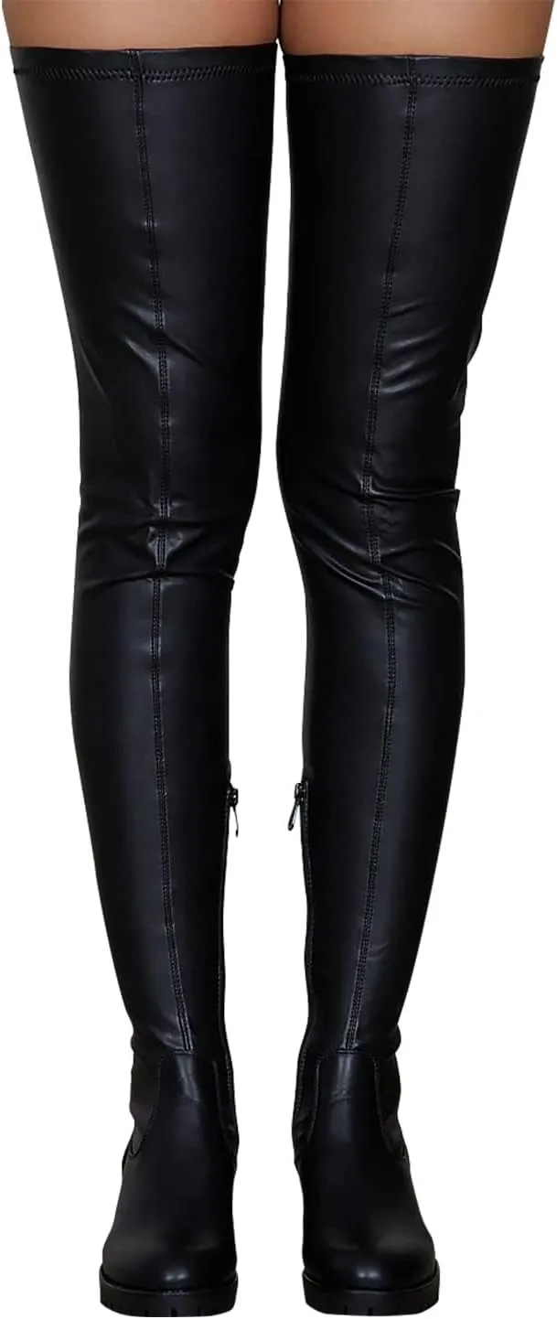 Over the Knee High Boots for Women Side Zipper Round Toe Low Chunky Heel Faux Leather Surgical Stretch Riding Thigh High Boots