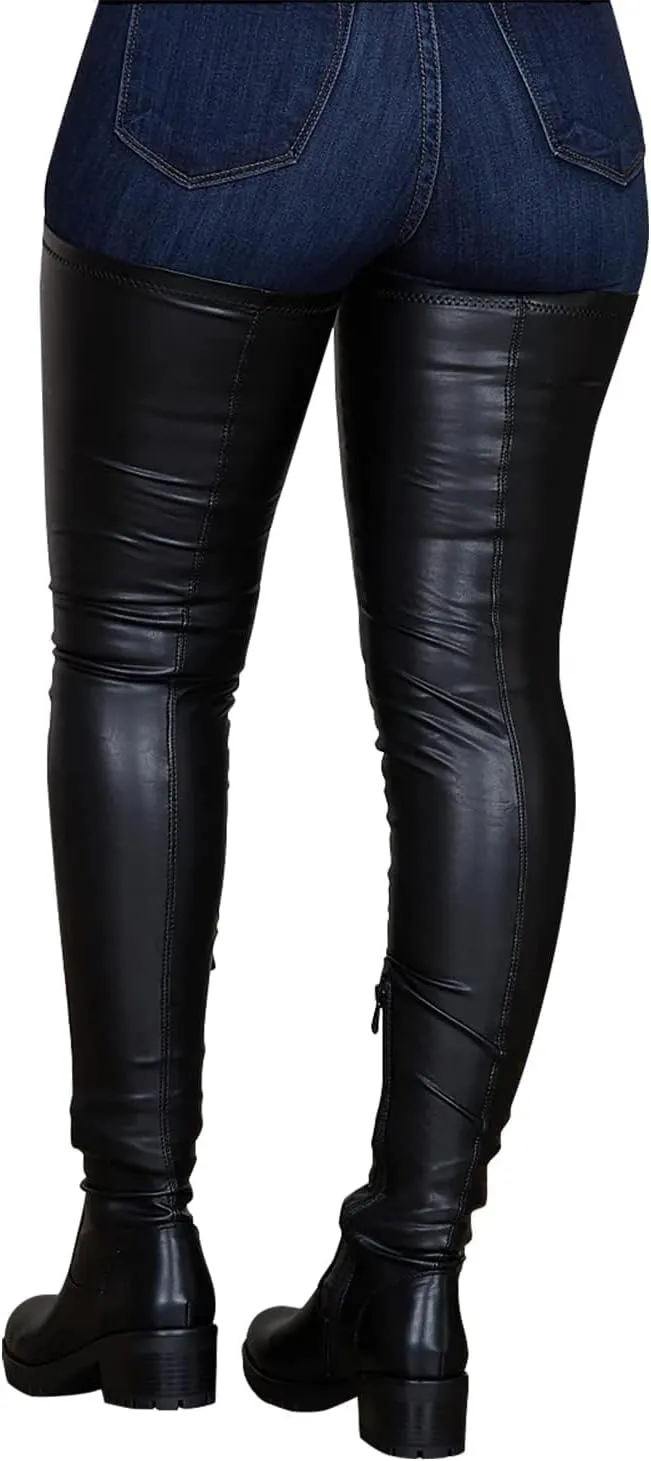 Over the Knee High Boots for Women Side Zipper Round Toe Low Chunky Heel Faux Leather Surgical Stretch Riding Thigh High Boots