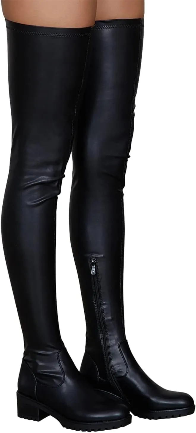Over the Knee High Boots for Women Side Zipper Round Toe Low Chunky Heel Faux Leather Surgical Stretch Riding Thigh High Boots