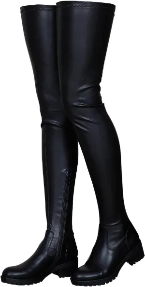 Over the Knee High Boots for Women Side Zipper Round Toe Low Chunky Heel Faux Leather Surgical Stretch Riding Thigh High Boots